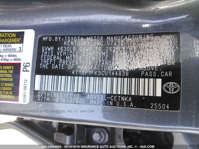 4T1BF1FK9CU144838 - 2012 TOYOTA CAMRY SE/LE/XLE GRAY photo 9