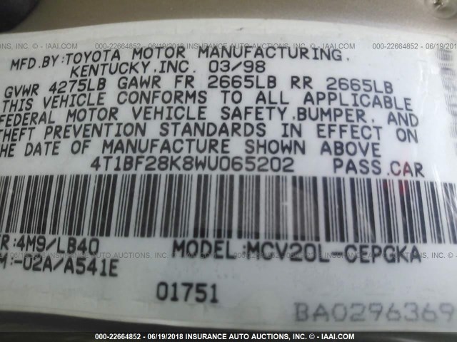 4T1BF28K8WU065202 - 1998 TOYOTA CAMRY CE/LE/XLE ოქროსფერი ფოტო 9