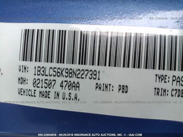 1B3LC56K98N227391 - 2008 DODGE AVENGER SXT BLUE photo 9