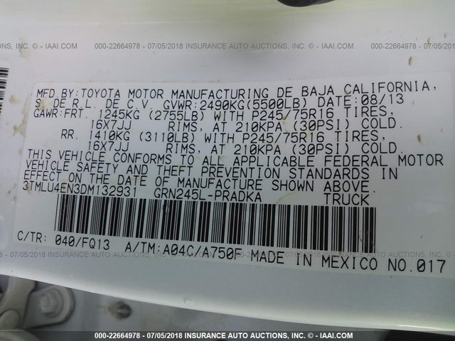 3TMLU4EN3DM132931 - 2013 TOYOTA TACOMA DOUBLE CAB თეთრი ფოტო 9