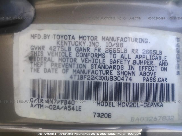 4T1BF22K3XU930474 - 1999 TOYOTA CAMRY LE/XLE BROWN photo 9