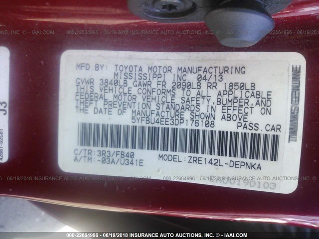 5YFBU4EE3DP176108 - 2013 TOYOTA COROLLA S/LE RED photo 9