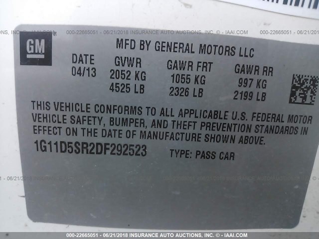 1G11D5SR2DF292523 - 2013 CHEVROLET MALIBU 1LT თეთრი ფოტო 9