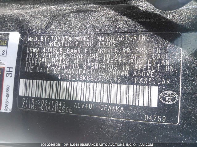 4T1BE46K68U239742 - 2008 TOYOTA CAMRY CE/LE/XLE/SE BLACK photo 9