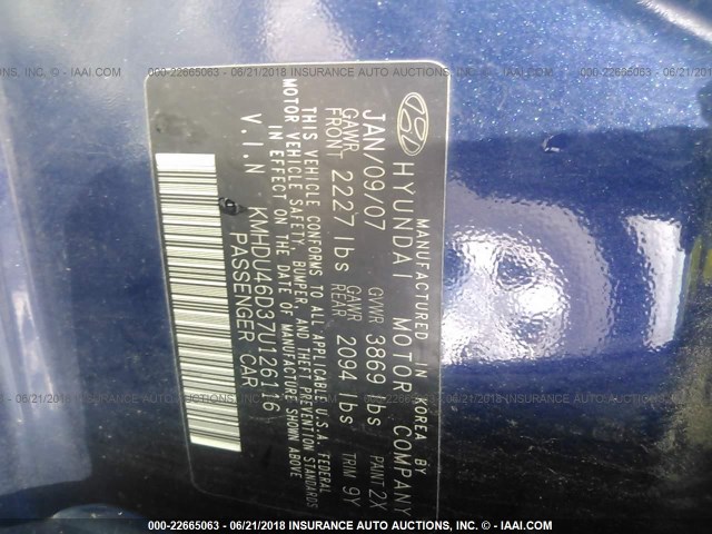 KMHDU46D37U126116 - 2007 HYUNDAI ELANTRA GLS/SE/LIMITED BLUE photo 9