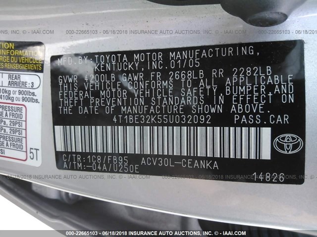 4T1BE32K55U032092 - 2005 TOYOTA CAMRY LE/XLE/SE Gümüş foto 9