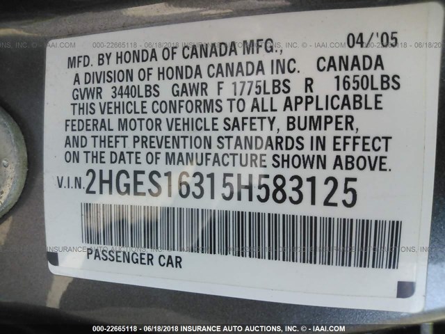 2HGES16315H583125 - 2005 HONDA CIVIC DX VP GRAY photo 9