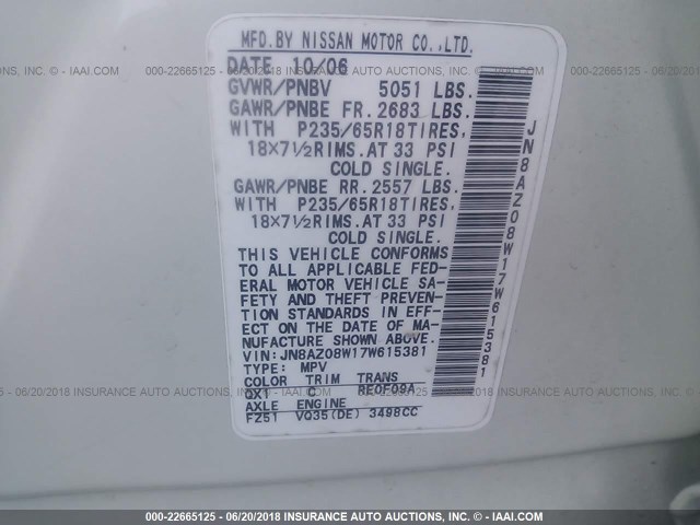 JN8AZ08W17W615381 - 2007 NISSAN MURANO SL/SE/S WHITE photo 9