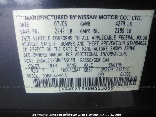 1N4AL21E38N555059 - 2008 NISSAN ALTIMA 2.5/2.5S GRAY photo 9