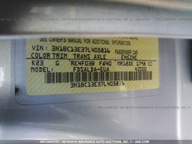 3N1BC13E37L405816 - 2007 NISSAN VERSA S/SL SILVER photo 9