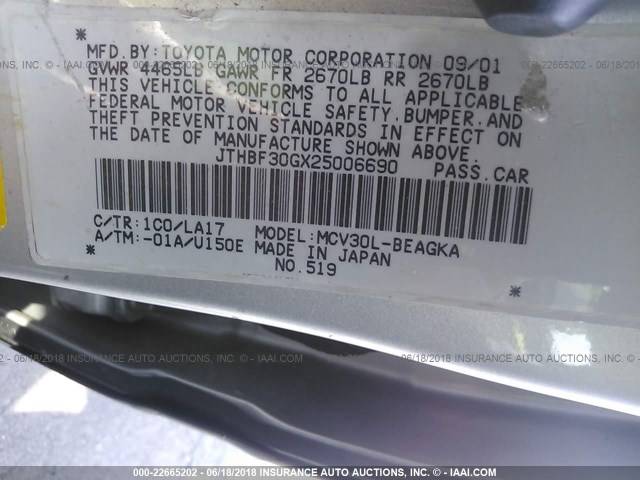 JTHBF30GX25006690 - 2002 LEXUS ES 300 SILVER photo 9