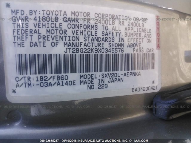 JT2BG22K9X0345576 - 1999 TOYOTA CAMRY LE/XLE GRAY photo 9