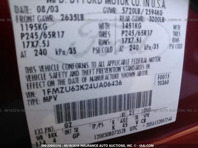 1FMZU63K24UA06436 - 2004 FORD EXPLORER XLT/XLT SPORT/NBX 红色 照片 9