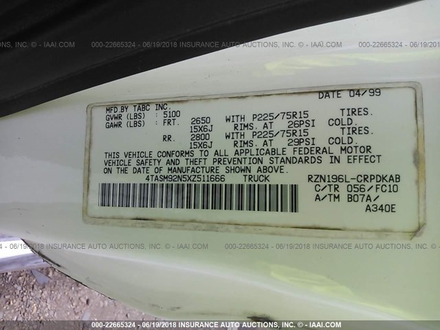 4TASM92N5XZ511666 - 1999 TOYOTA TACOMA XTRACAB PRERUNNER თეთრი ფოტო 9