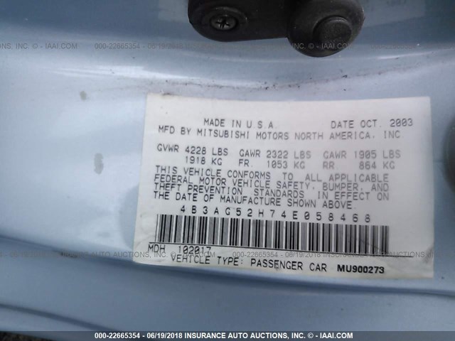 4B3AG52H74E058468 - 2004 DODGE STRATUS R/T Light Blue photo 9