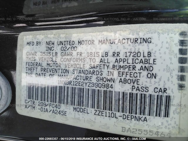 1NXBR12E2YZ390984 - 2000 TOYOTA COROLLA VE/CE/LE 灰色 照片 9