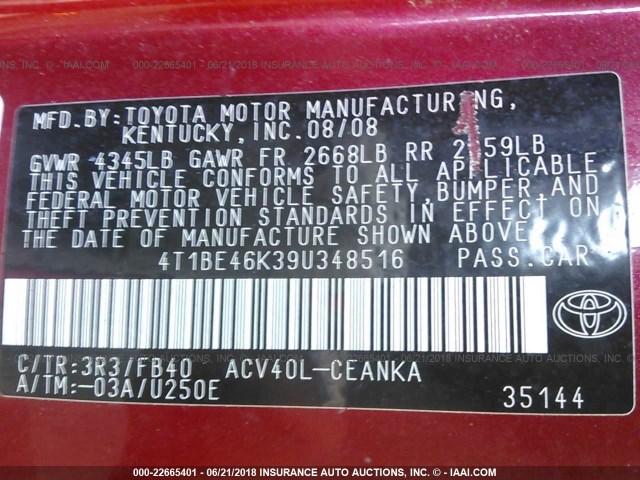 4T1BE46K39U348516 - 2009 TOYOTA CAMRY SE/LE/XLE 红色 照片 9