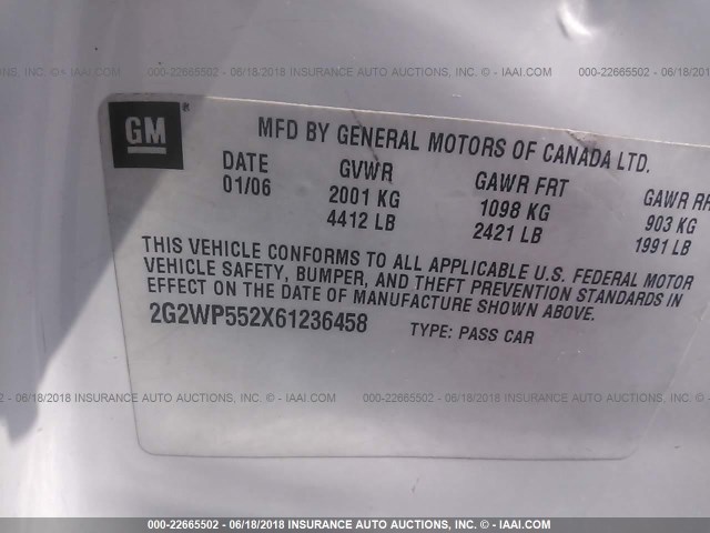 2G2WP552X61236458 - 2006 PONTIAC GRAND PRIX WHITE photo 9