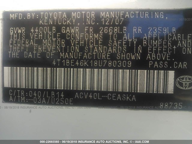 4T1BE46K18U780309 - 2008 TOYOTA CAMRY CE/LE/XLE/SE WHITE photo 9