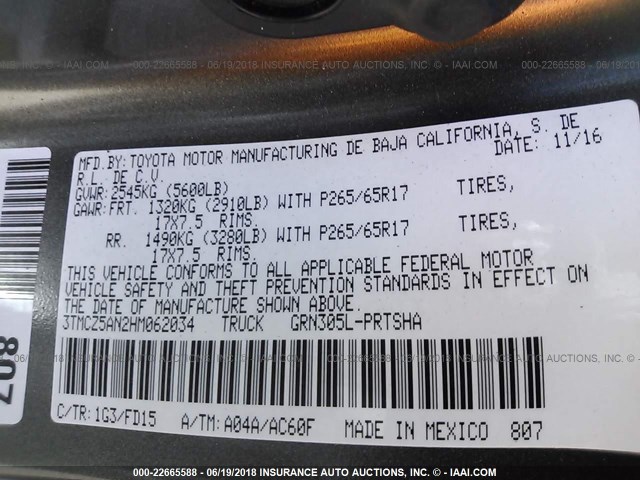 3TMCZ5AN2HM062034 - 2017 TOYOTA TACOMA DBL CAB/SR/TRDSPT/OR/PRO ნაცრისფერი ფოტო 9