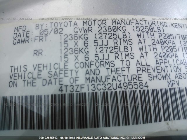 4T3ZF13C32U495584 - 2002 TOYOTA SIENNA LE/XLE GRAY photo 9