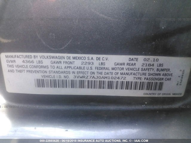 3VWRZ7AJ0AM102472 - 2010 VOLKSWAGEN JETTA SE/SEL GRAY photo 9