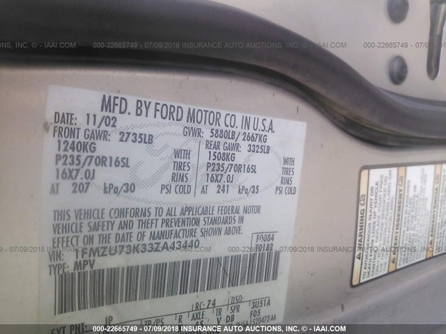 1FMZU73K33ZA43440 - 2003 FORD EXPLORER XLT/XLT SPORT/NBX 银色 照片 9