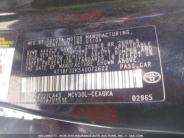 4T1BF32K54U072622 - 2004 TOYOTA CAMRY LE/XLE/SE შავი ფოტო 9