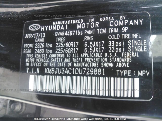 KM8JU3AC1DU729881 - 2013 HYUNDAI TUCSON GLS/LIMITED 黑色 照片 9