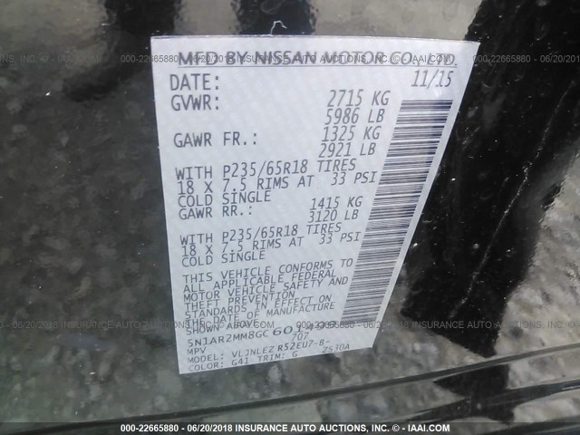 5N1AR2MM8GC601499 - 2016 NISSAN PATHFINDER S/SV/SL/PLATINUM 黑色 照片 9