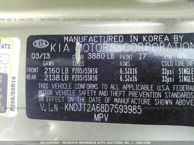 KNDJT2A68D7593985 - 2013 KIA SOUL +/!/SPORT GREEN photo 9