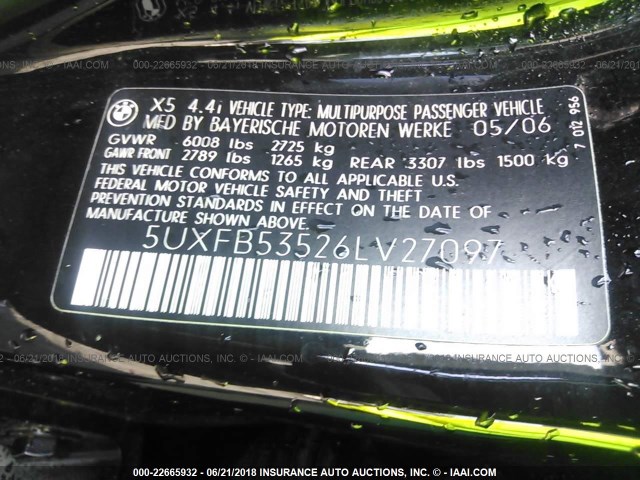 5UXFB53526LV27097 - 2006 BMW X5 4.4I BLACK photo 9