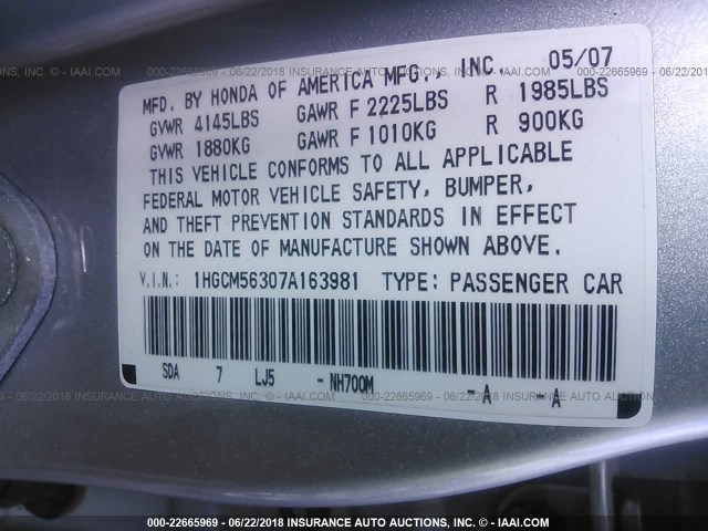 1HGCM56307A163981 - 2007 HONDA ACCORD SE SILVER photo 9