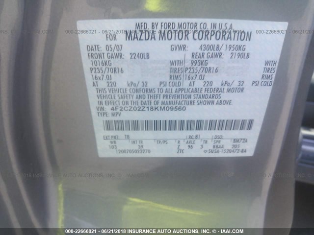 4F2CZ02Z18KM09560 - 2008 MAZDA TRIBUTE I SILVER photo 9