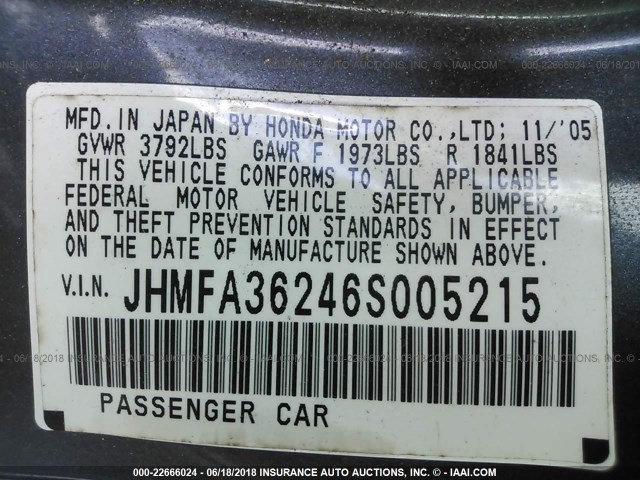 JHMFA36246S005215 - 2006 HONDA CIVIC HYBRID GRAY photo 9