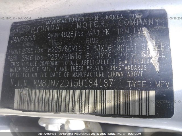 KM8JN72D15U134137 - 2005 HYUNDAI TUCSON GLS/LX SILVER photo 9