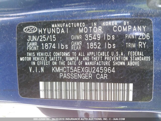 KMHCT5AEXGU245964 - 2016 HYUNDAI ACCENT SE BLUE photo 9