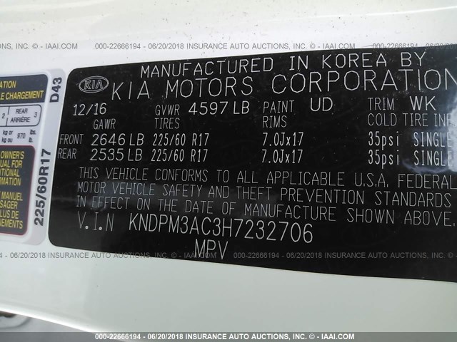 KNDPM3AC3H7232706 - 2017 KIA SPORTAGE LX WHITE photo 9