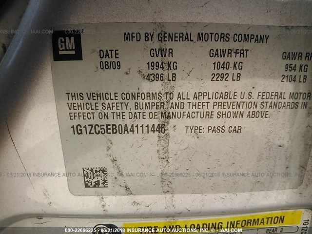 1G1ZC5EB0A4111446 - 2010 CHEVROLET MALIBU 1LT ვერცხლისფერი ფოტო 9