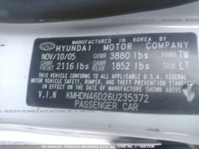 KMHDN46D26U235372 - 2006 HYUNDAI ELANTRA GLS/GT/LIMITED SILVER photo 9