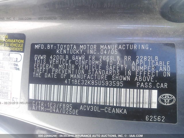 4T1BE32K85U593595 - 2005 TOYOTA CAMRY LE/XLE/SE 灰色 照片 9