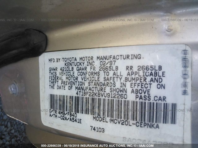 4T1BF22K8VU912260 - 1997 TOYOTA CAMRY CE/LE/XLE Champagne photo 9