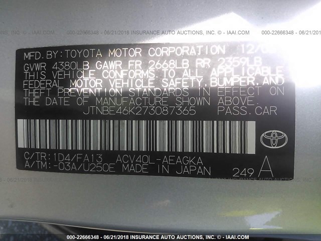 JTNBE46K273087365 - 2007 TOYOTA CAMRY NEW GENERAT CE/LE/XLE/SE SILVER photo 9