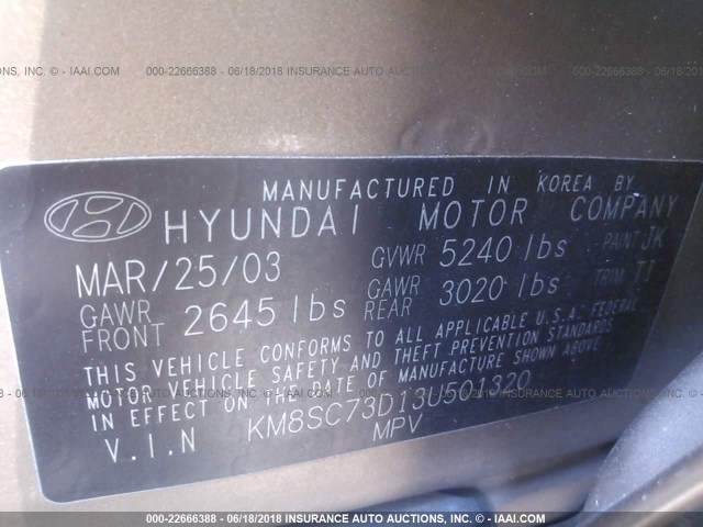 KM8SC73D13U501320 - 2003 HYUNDAI SANTA FE GLS/LX GOLD photo 9