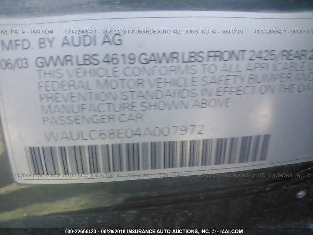 WAULC68E04A007972 - 2004 AUDI A4 1.8T QUATTRO GRAY photo 9