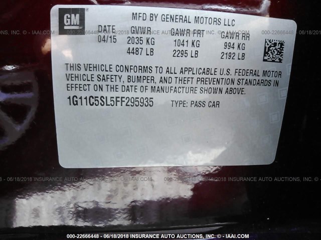 1G11C5SL5FF295935 - 2015 CHEVROLET MALIBU 1LT 勃艮第红 照片 9