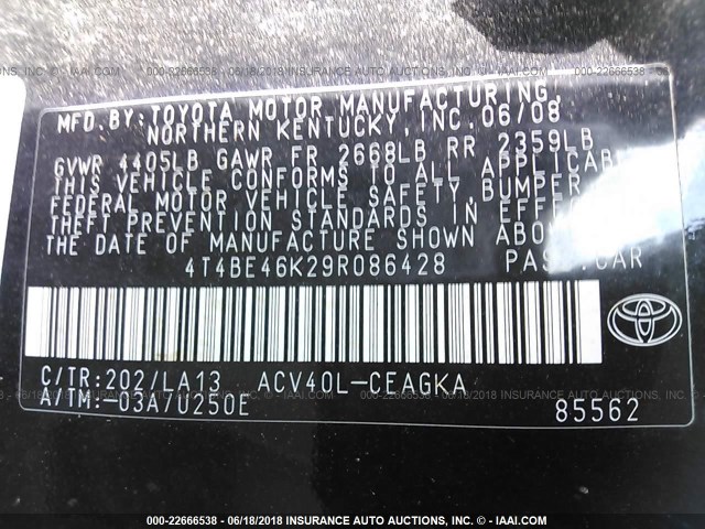 4T4BE46K29R086428 - 2009 TOYOTA CAMRY SE/LE/XLE BLACK photo 9