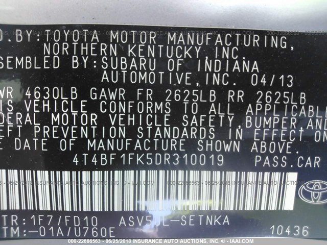 4T4BF1FK5DR310019 - 2013 TOYOTA CAMRY L/SE/LE/XLE SILVER photo 9