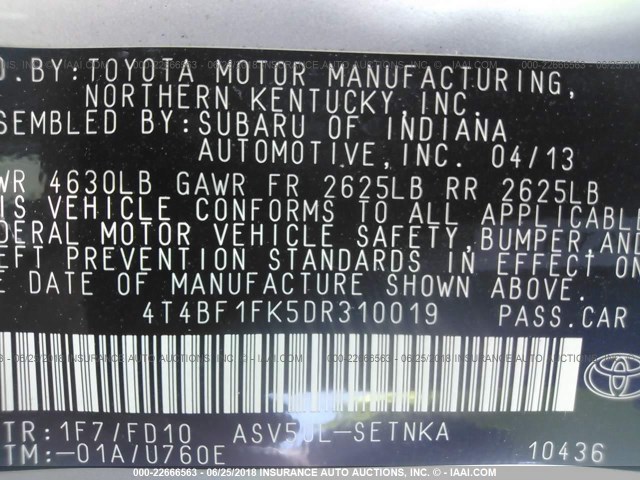 4T4BF1FK5DR310019 - 2013 TOYOTA CAMRY L/SE/LE/XLE 银色 照片 9