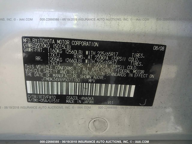 JTMBK34V695071780 - 2009 TOYOTA RAV4 LIMITED SILVER photo 9